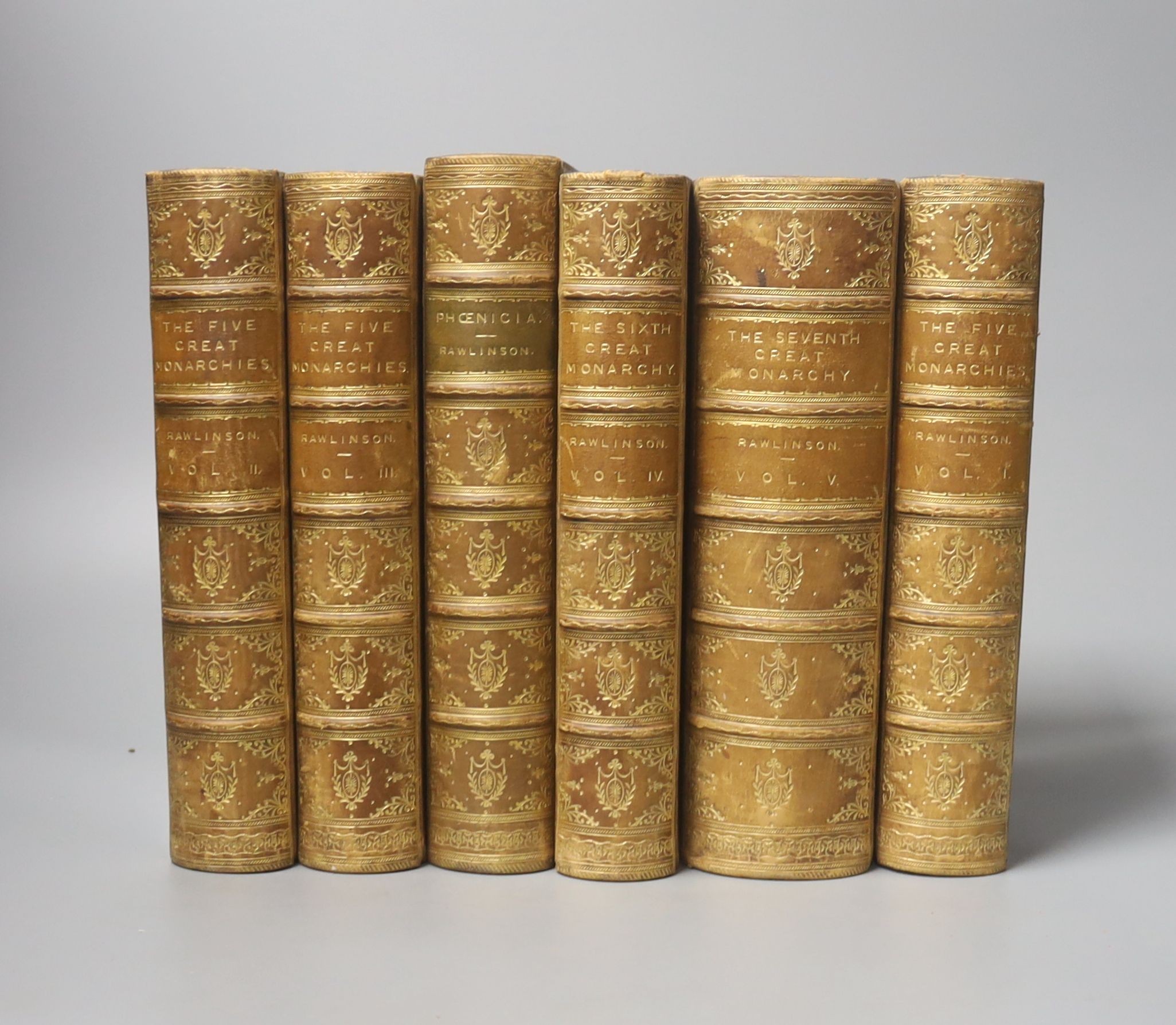 Rawlinson, George. The Five Great Monarchies of the Ancient Eastern World....4th edition, 3 vols. 4 folded maps and many wood engraved text illus.; contemp. gilt decorated tree calf, with panelled spines, marbled edges a